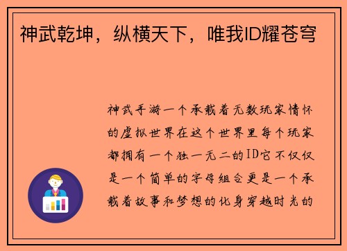 神武乾坤，纵横天下，唯我ID耀苍穹