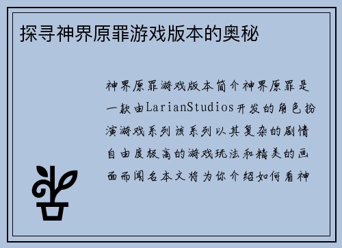 探寻神界原罪游戏版本的奥秘